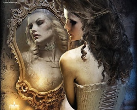 Mulher bonita sendo refletida feia no espelho